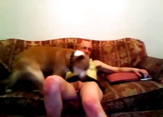 Bald man and doggy having sex on sofa