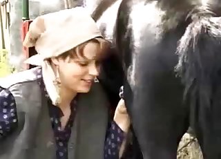 Small black pony sucked by farm zoofil