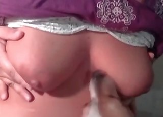 Awesome doggy is licking big round tits