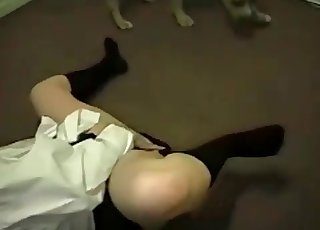 Masked lady rubs and sucks her dog dick