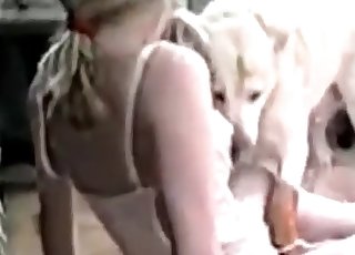 Blonde doll sucked her own trained doggy
