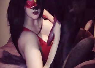 Masked babe opens her mouth and gets a dog dick