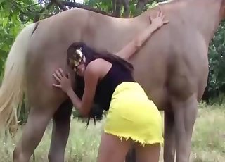 Spicy model is sucking a long horse penis on camera