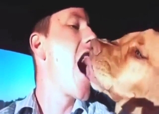 Guy in a car making out passionately with hound