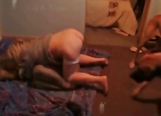 Blonde with stockings banging hard a cute little dog