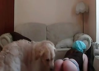 Nude posing session in front a dog