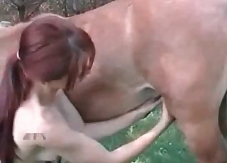 Ginger-haired plays with a stallion