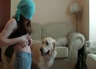 Blindfolded zoophile and her dog